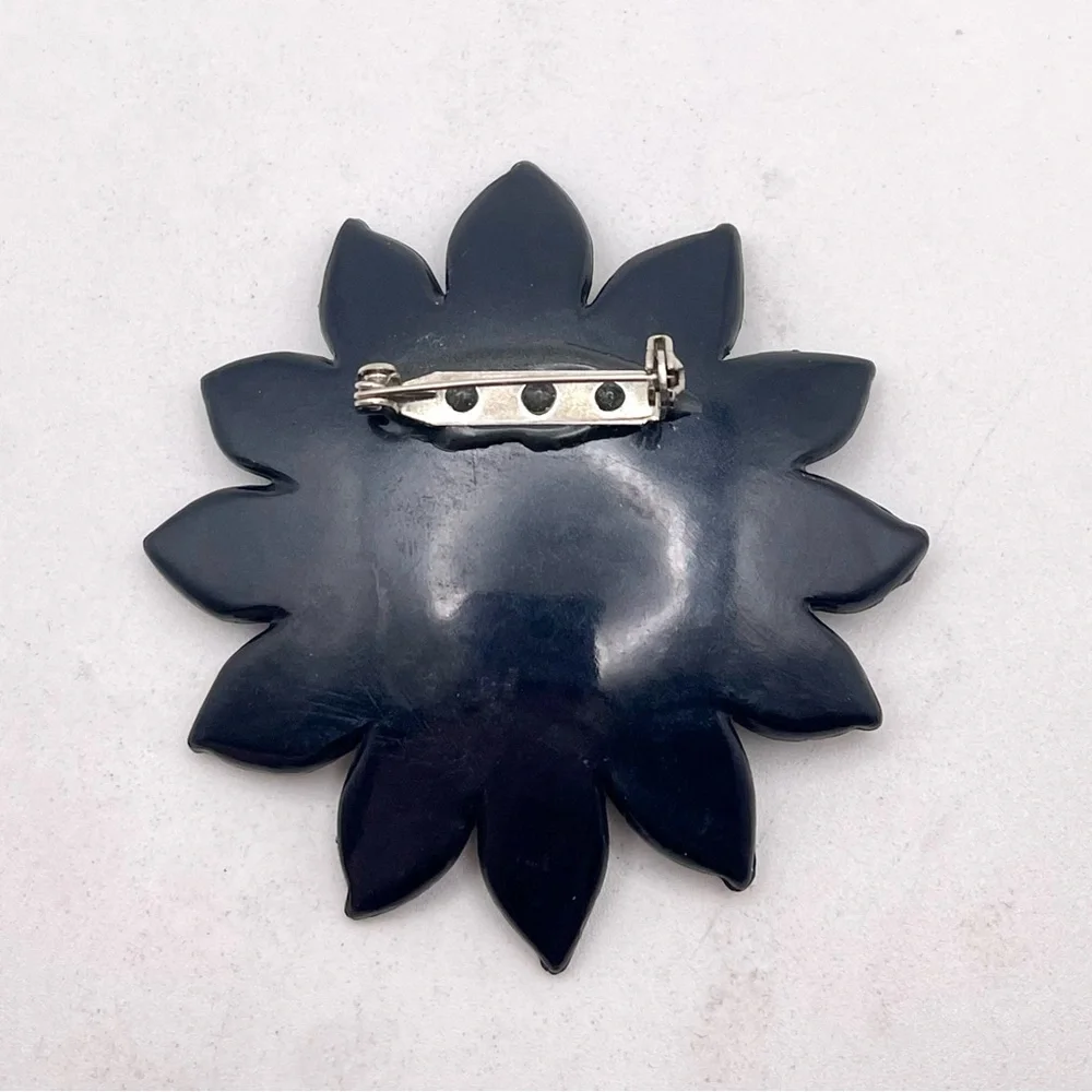 Vintage Artisan Resin Sunflower Brooch Black and Abalone Lime Green Handpainted